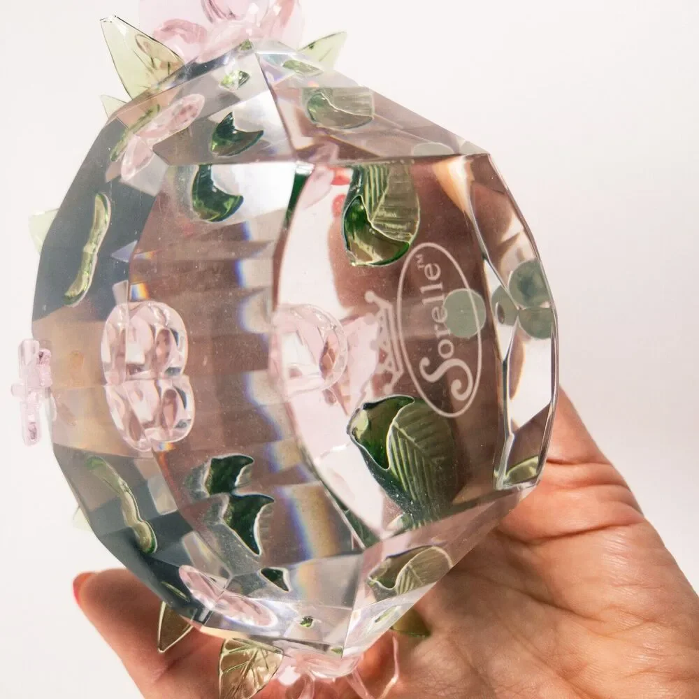 Sorelle Crystal Spring Basket of Flowers Pink Petals Green Leaves Bow 5 in Tall